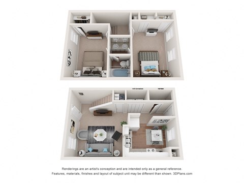 Floor plan for 2 beds, 1.5 baths, 1050 sqft
